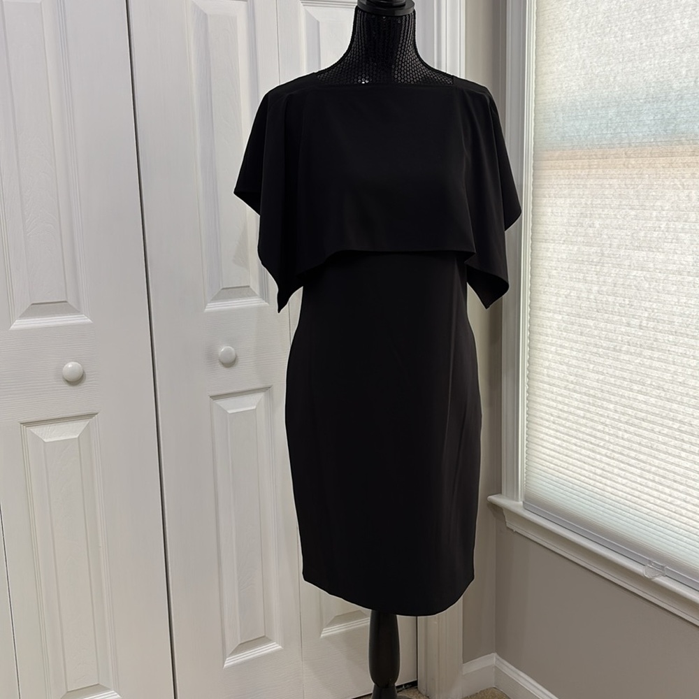 Calvin Klein Black Popover-Cape Crepe Sheath Dress - Picture 4 of 6